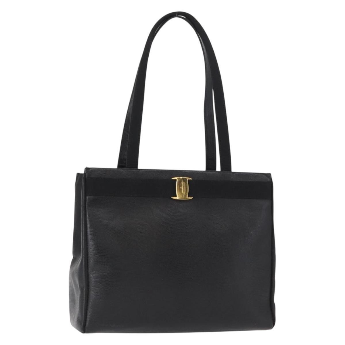 Salvatore Ferragamo Vala Tote Bag Leather Black Gold Auth Ba7676